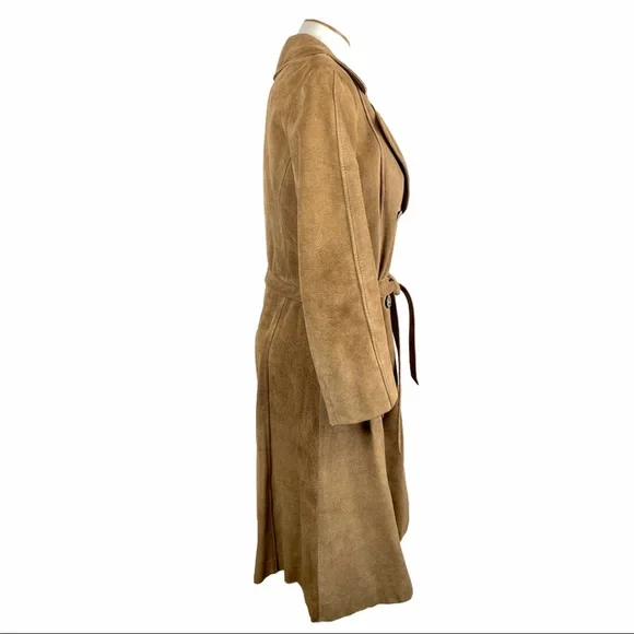 70s Suede Belted Trench Coat Double Breasted Brown Womens Medium